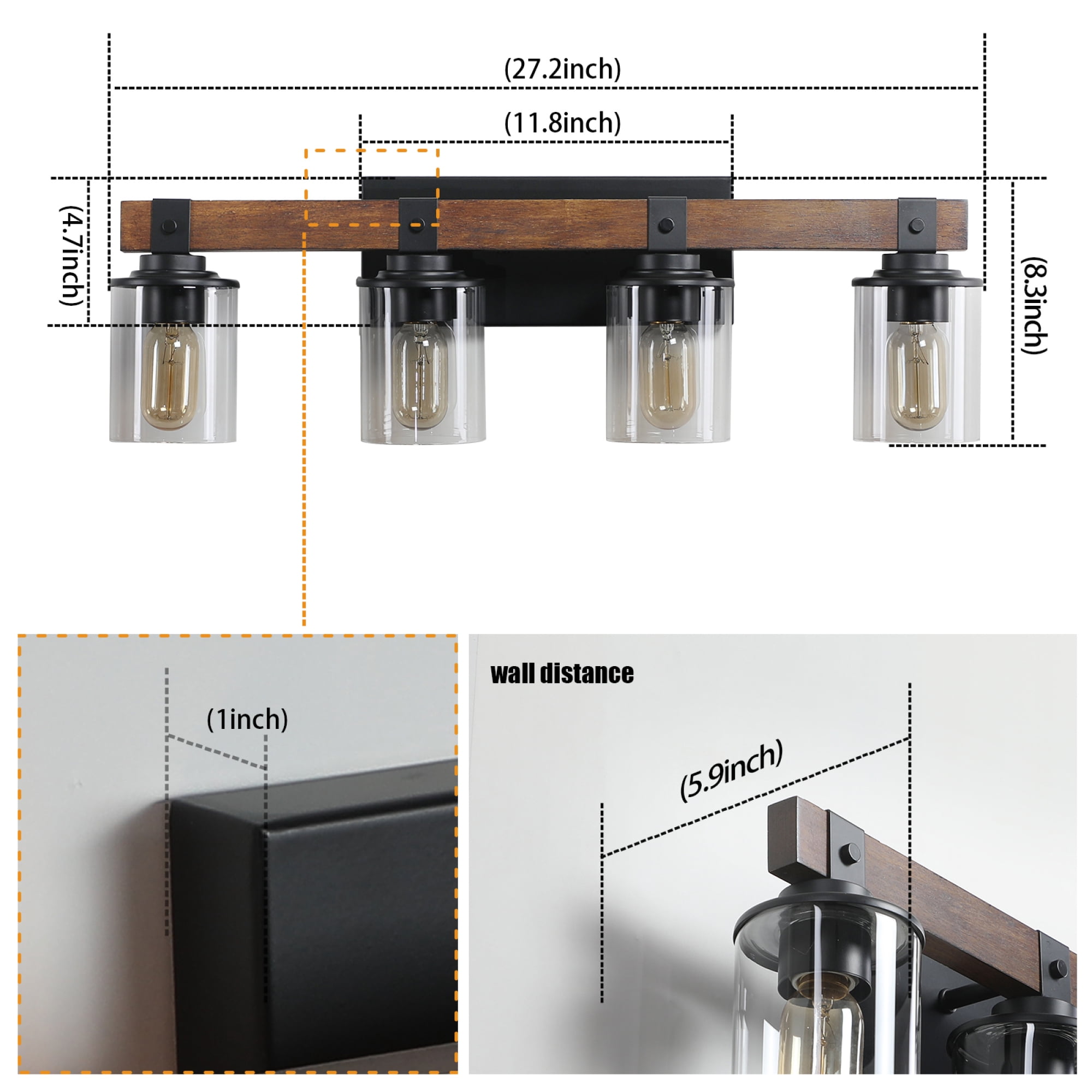 Leumius 4-Light Bathroom Vanity Light, Industrial Wall Sconce with Glass Shades and Wood Accent, Modern Farmhouse Lighting Fixture for Mirror, Bathroom, Bedroom and Hallway Walnut (No Bulbs)