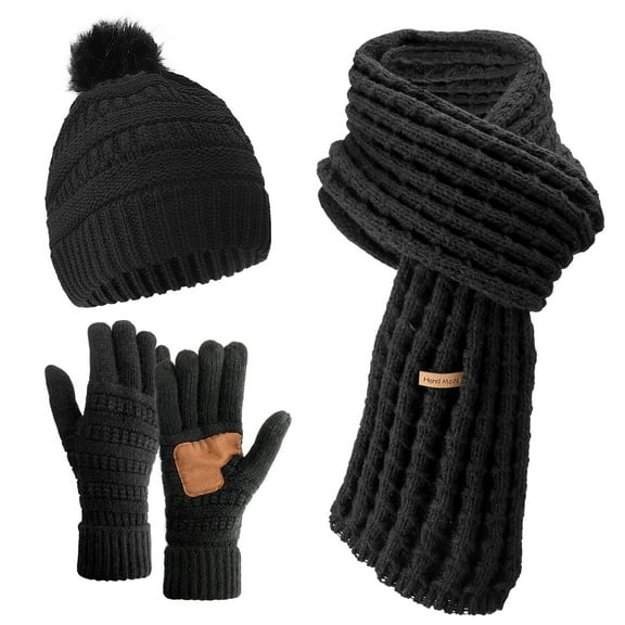 Bocaoying Womens Winter Beanie Scarf Gloves Set, Pom Pom Hat with Warm Fleece Lined Long Knit Scarf Touchscreen Gloves for Cold Weather
