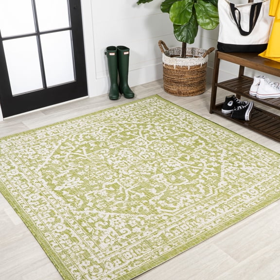 JONATHAN Y SANTA MONICA 5' Square Area Rug, Malta Bohemian Medallion Textured Weave - Green/Cream, SMB104D-5SQ