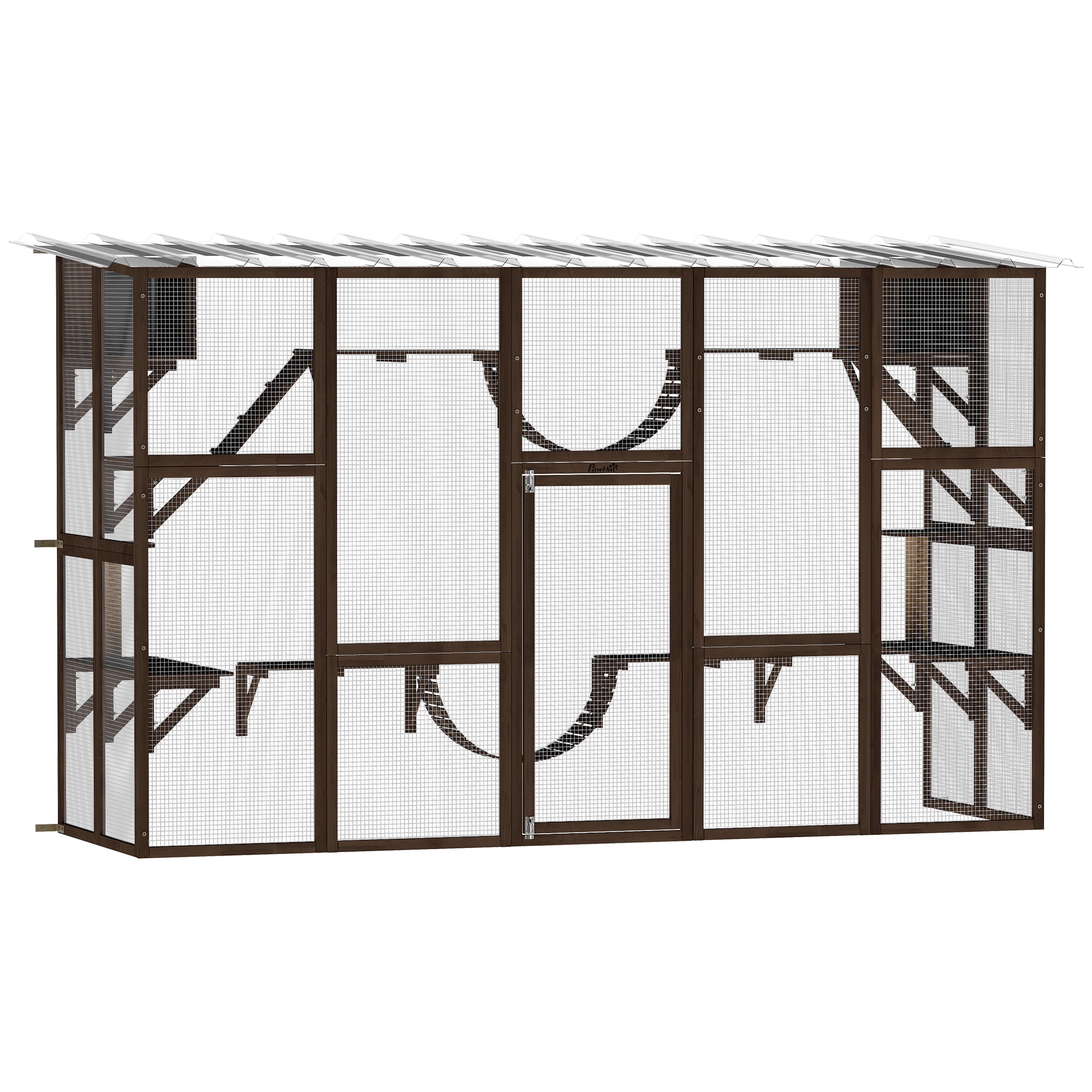 PawHut Catio Playground Outdoor Cat Enclosure, Wooden Outdoor Cat House Weatherproof for Multiple Cats, Shelves & Bridges, Coffee Brown