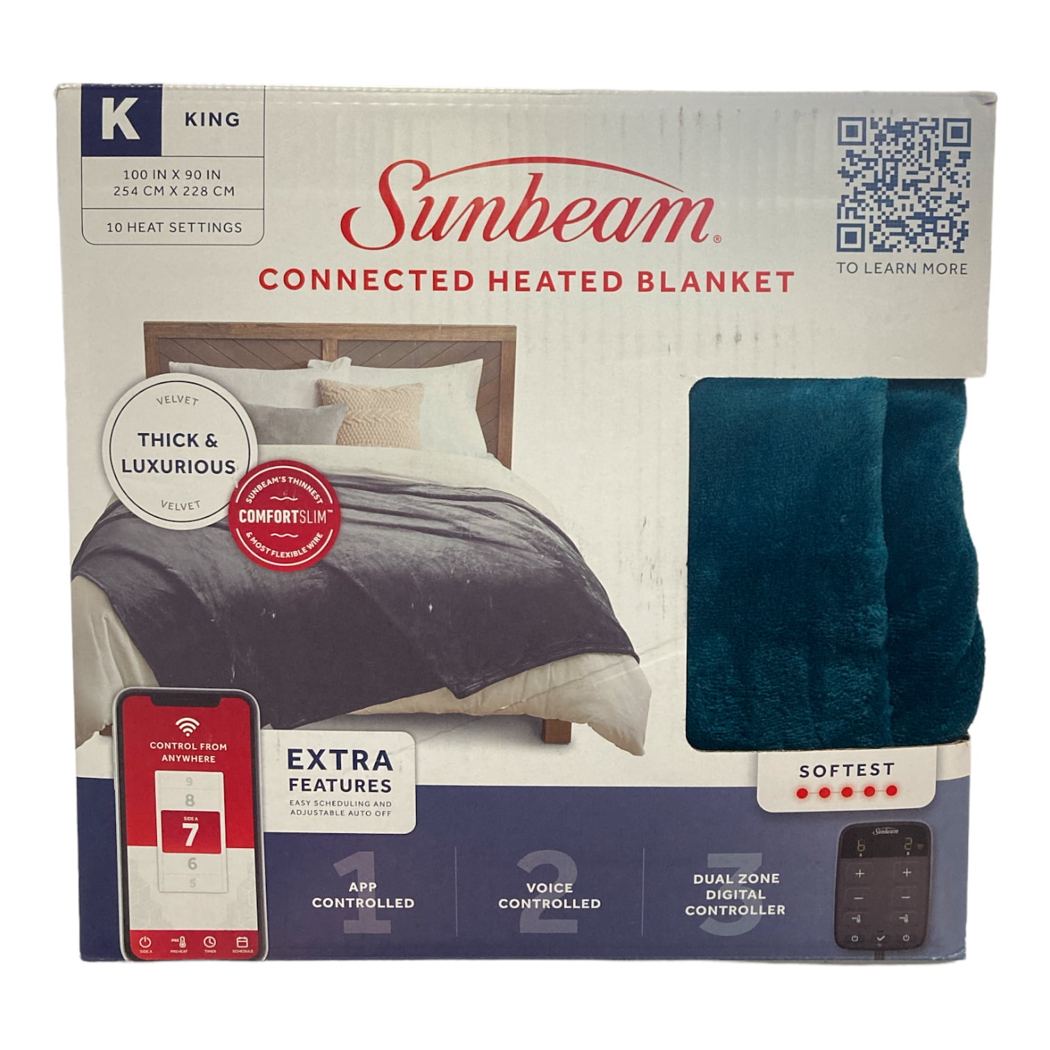 Sunbeam Velvet WiFi Connected Heated Blanket, Blue King