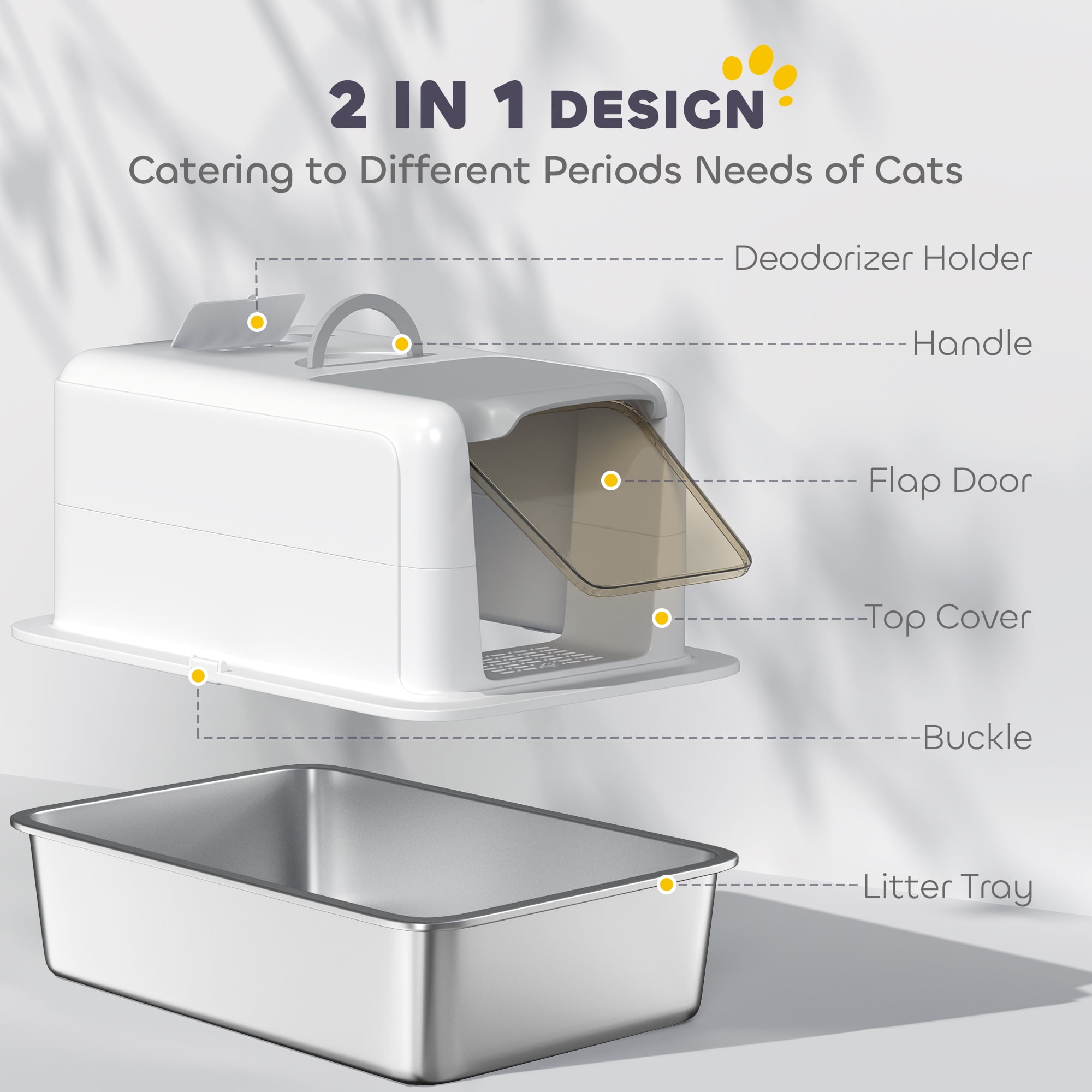 PawHut Stainless Steel Cat Litter Box, Extra Large 2 in 1 Kitty Litter Box with Removable Lid, Scoop, Filter Bags, for Small to Large Cats, White