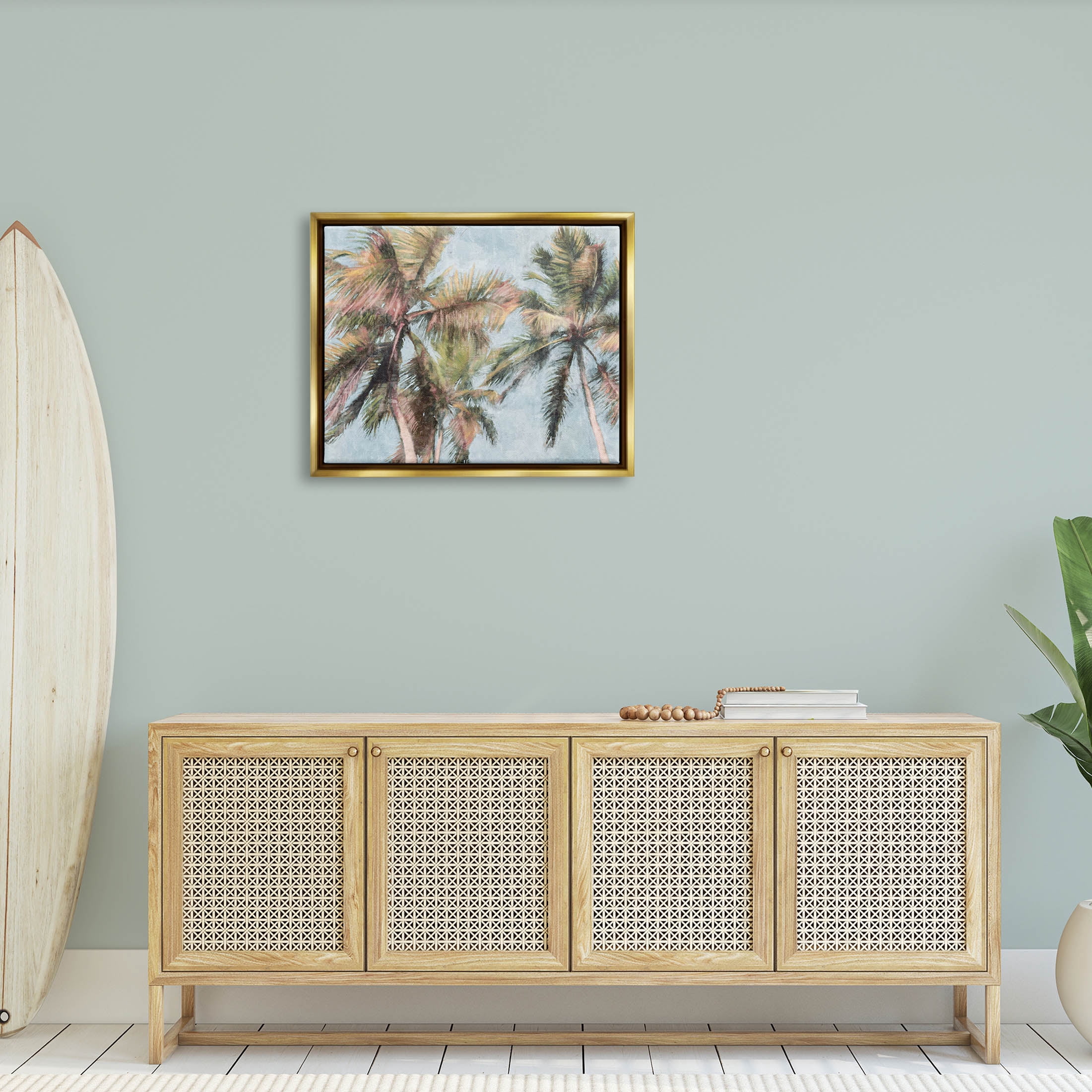 Stupell Industries Tall Looming Breezy Palm Trees Graphic Art Metallic Gold Floating Framed Canvas Print Wall Art, Design by Nina Blue