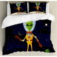 thumbnail image 1 of Alien Duvet Cover Set Queen Size, Ufo Cartoon of Funny Creature in Spacesuit Standing on the Moon and Space Backdrop, 3 Piece Bedding Set with 2 Pillow Shams, Multicolor, by Ambesonne, 1 of 3