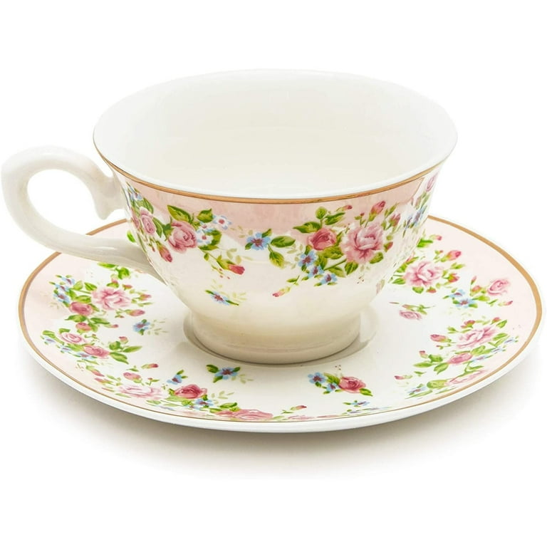 Set of 6 Vintage Floral Tea Cups and Saucers for Tea Party Supplies (Blue,  Pink, 8oz)