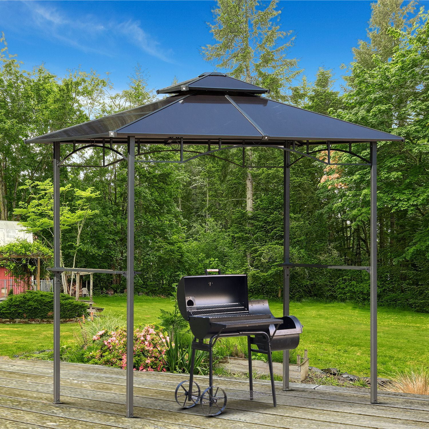 8' x 5' BBQ Gazebo, Outdoor BBQ Canopy with 2 Side Shelves, and Double Layer PC Roof, UV/Rain Resistant, Sturdy Frame, Brown