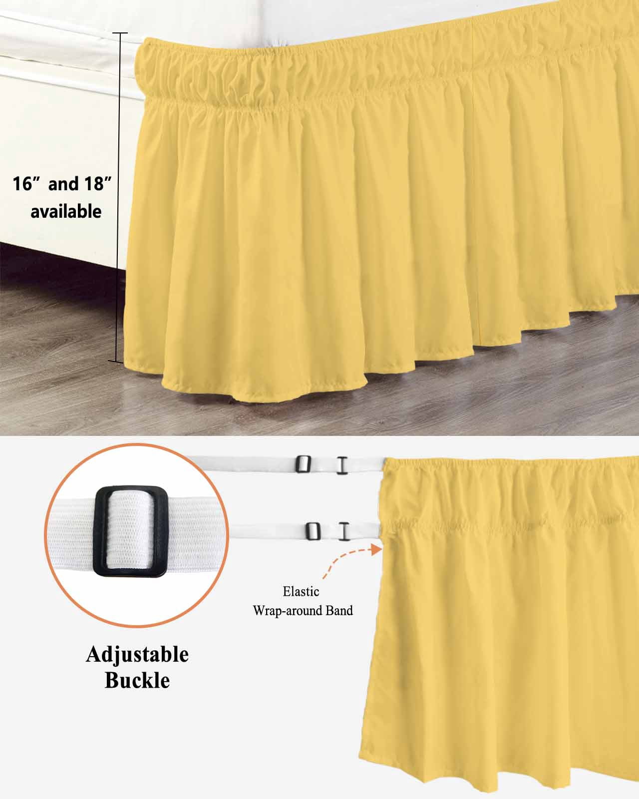 Solid Color Bed Skirt Yellow Bed Skirts Queen Size 18 Inch Drop, Wrap Around Dust Ruffle&nbsp;Bedskirt with Adjustable Elastic Belt for Queen Size Beds