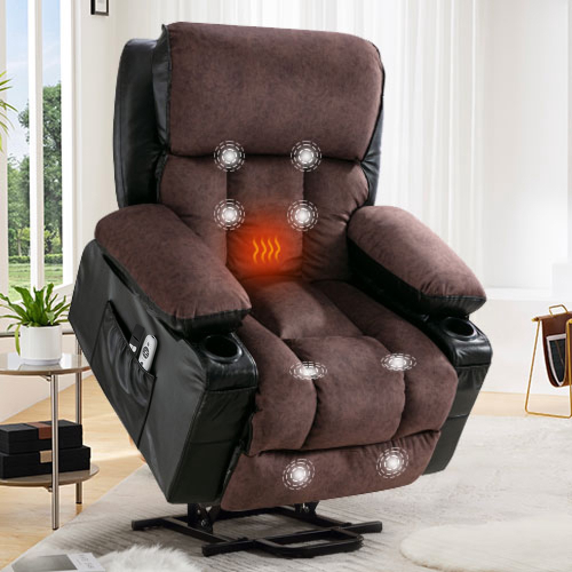 Segmart Massage Recliner Chairs with Remote Control, PU Leather Ergonomic Recliner Chair with Bread-Type Handrail & Padded Seat Backrest, Black & Brown