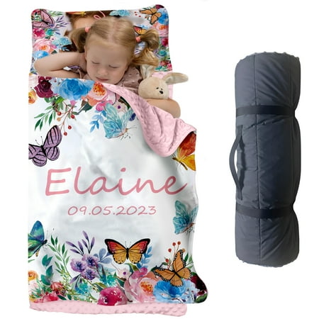 AOLOA Butterfly Toddler Nap Mat With Custom All-in-one Design for Daycare Kindergarten and Preschool. Includes Pillow and Blanket for Easy Maintenance.