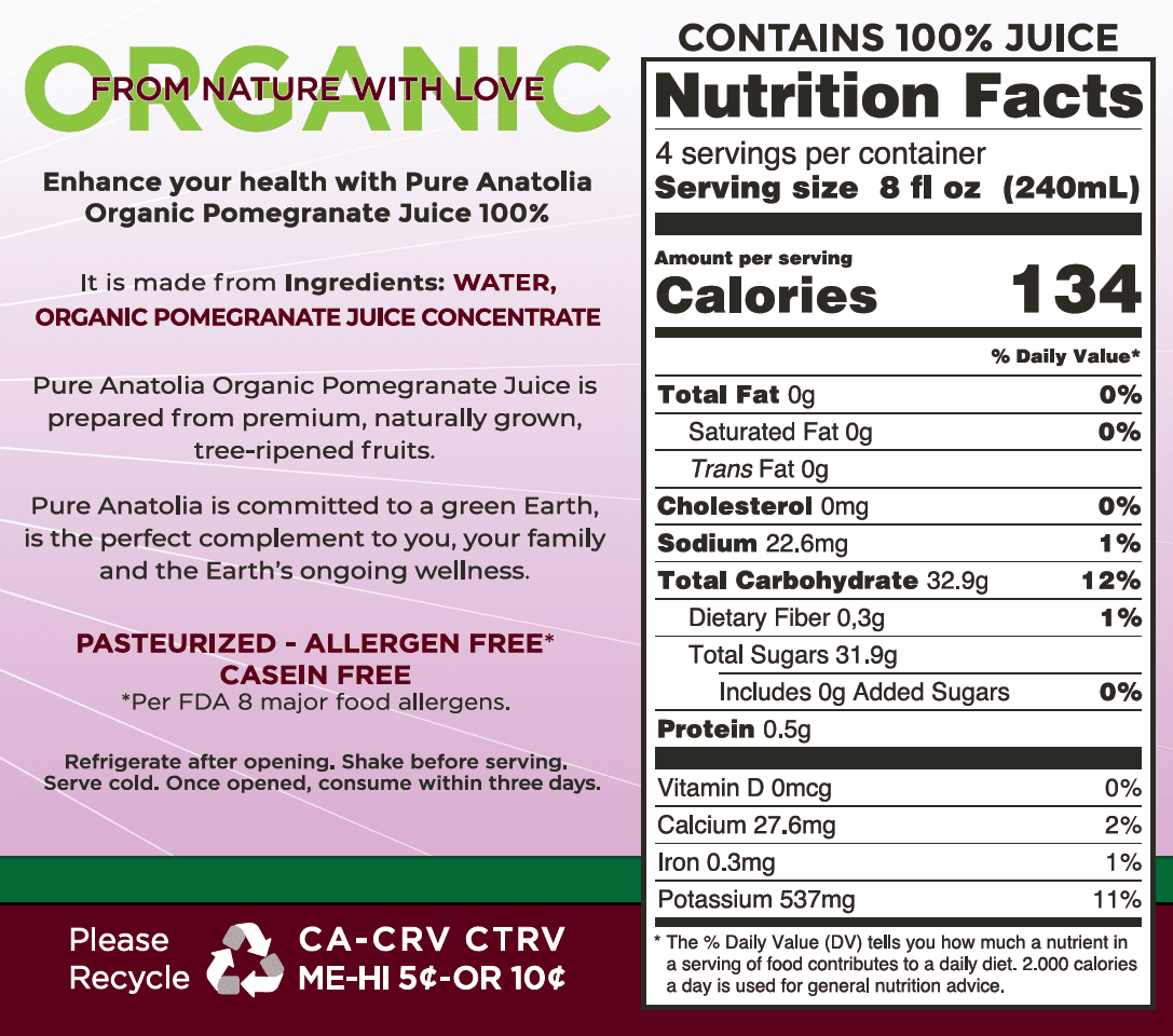 (6 pack) Pure Anatolia Organic Pomegranate Juice, 32 Fl Oz Glass Bottle