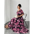 thumbnail image 4 of Black Floral Print V-Neck Ruched Waist Wrap Maxi Dress For Women Elegant Party Evening Gown, 4 of 5