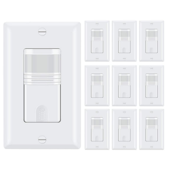 ECOELER Motion Activated Wall Switch, Neutral Wire Required, Single Pole Sensor Switch for CFL/LED/Incandescent Bulb, Wall Plate Included, Adjustable Timer, 120V/277VAC, 60Hz, 1/6HP, 10Pack