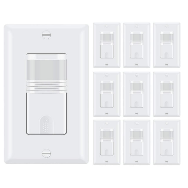 ECOELER Motion Activated Wall Switch, Neutral Wire Required, Single Pole Sensor Switch for CFL/LED/Incandescent Bulb, Wall Plate Included, Adjustable Timer, 120V/277VAC, 60Hz, 1/6HP, 10Pack