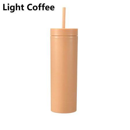 

16oz Reusable Drinkware Double Layer New Year Party Water Bottle Milk Cup With Lid Straw Acrylic Skinny Tumbler LIGHT COFFEE