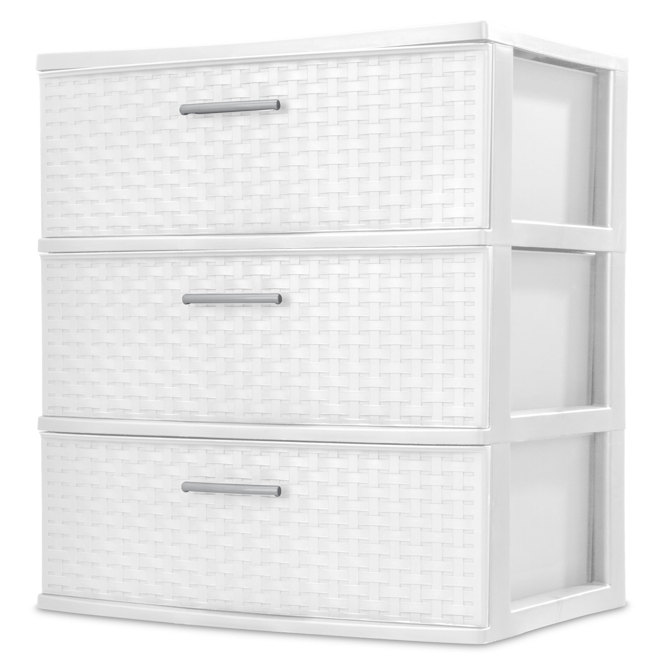 (2 pack) Sterilite 3 Drawer Wide Weave Tower, Plastic Décor Drawers with Pull Handles, White