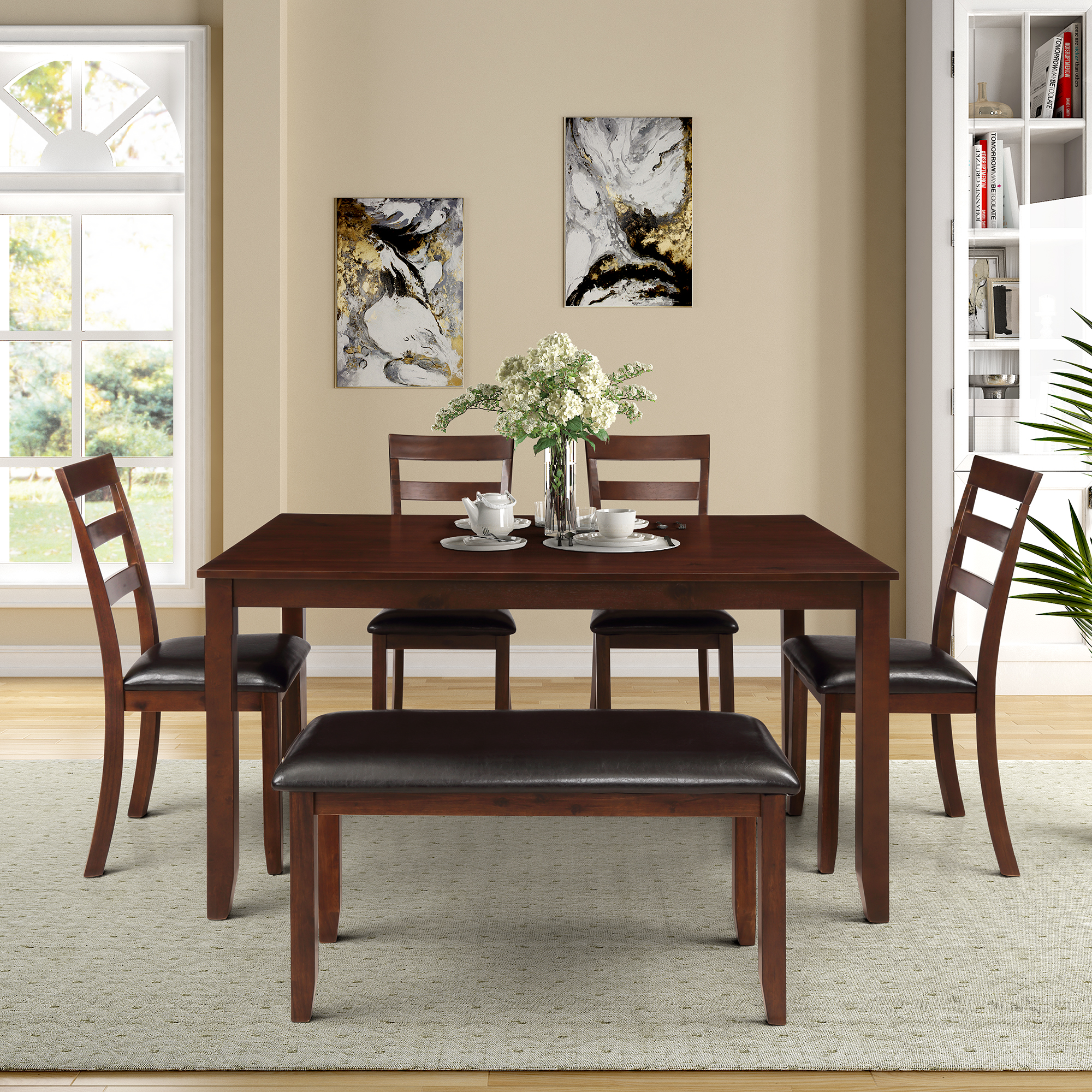 Breakfast Dining Table Sets, 6 Piece Wood Breakfast Table with 4 Piece 