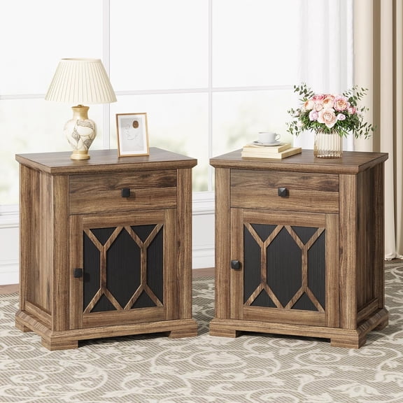 Mid Century Nightstand Set of 2, Wooden Bedside Table with Drawer and Removable Shelf, End Table with Storage for, Bedroom and Small Spaces, Rustic Brown