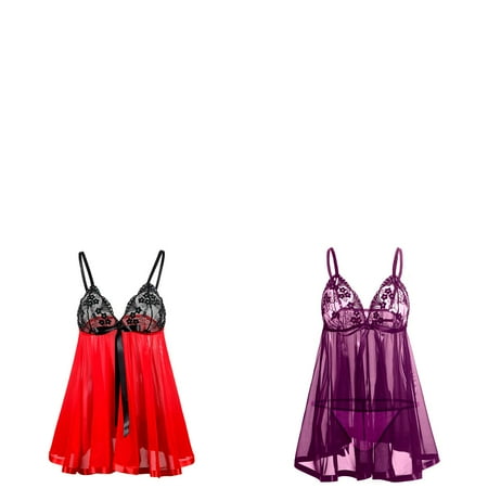 Wijhcboe 2 Pack Sexy Wet Look Lingerie for Women Open Crotch Plus Size Lingerie Lace plus Size Lingerie for Women with Underwire Bow Nightwear Sleepwear Pajamas Nightwear plus Size Lingerie Rhinesto