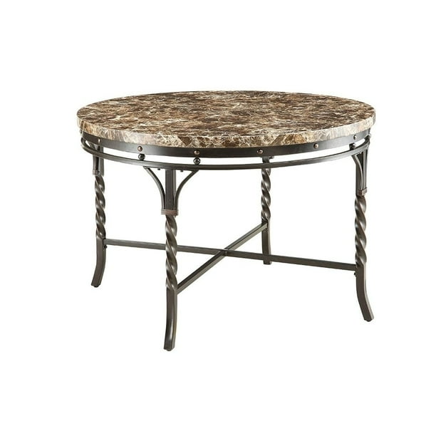 Benzara Round Metal Frame Dining Table with Faux Marble Top, Brown