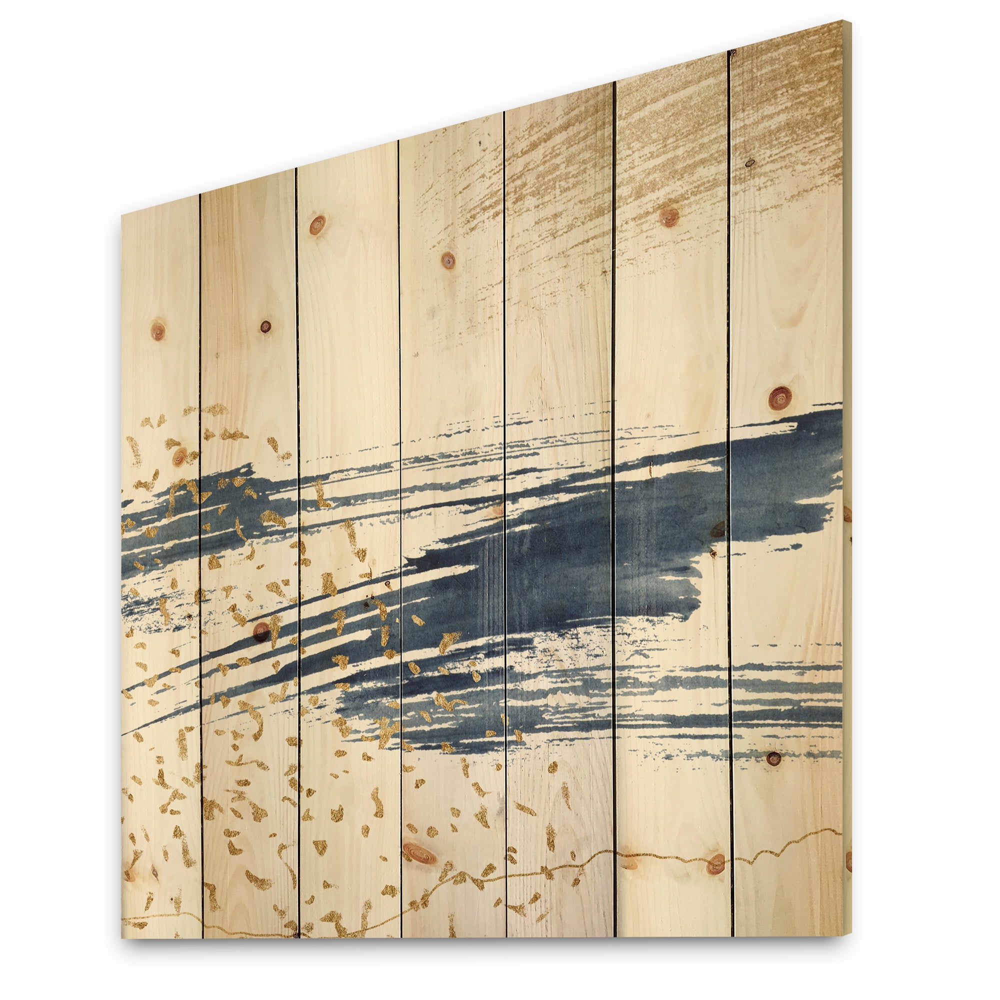 Designart 'Gold and Dark Blue and Abstract I' Modern Print on Natural Pine Wood