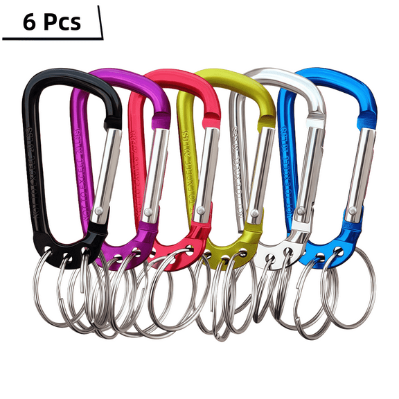 6 Pack D-Shape Carabiner Keychain with 3 Key Rings, Aluminum Alloy, Multicolor (6 Colors), 2.36 Inch