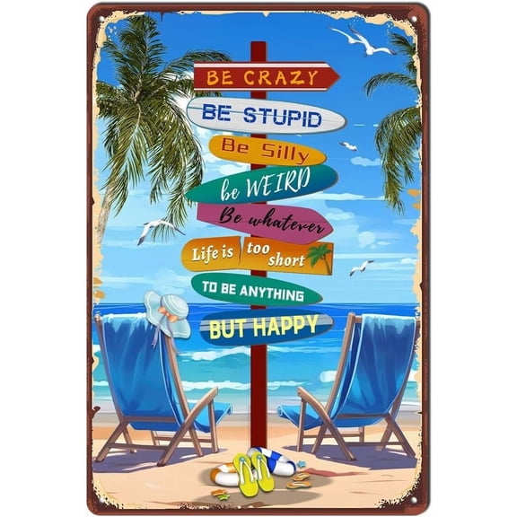 Retro Tin Signs Surfboard Canvas Print - Be Crazy, Be Stupid - Vintage Beach Canvas Print Surfing Boards Metal Tin Sign for Home Man Cave Wall Decor 8x12inch