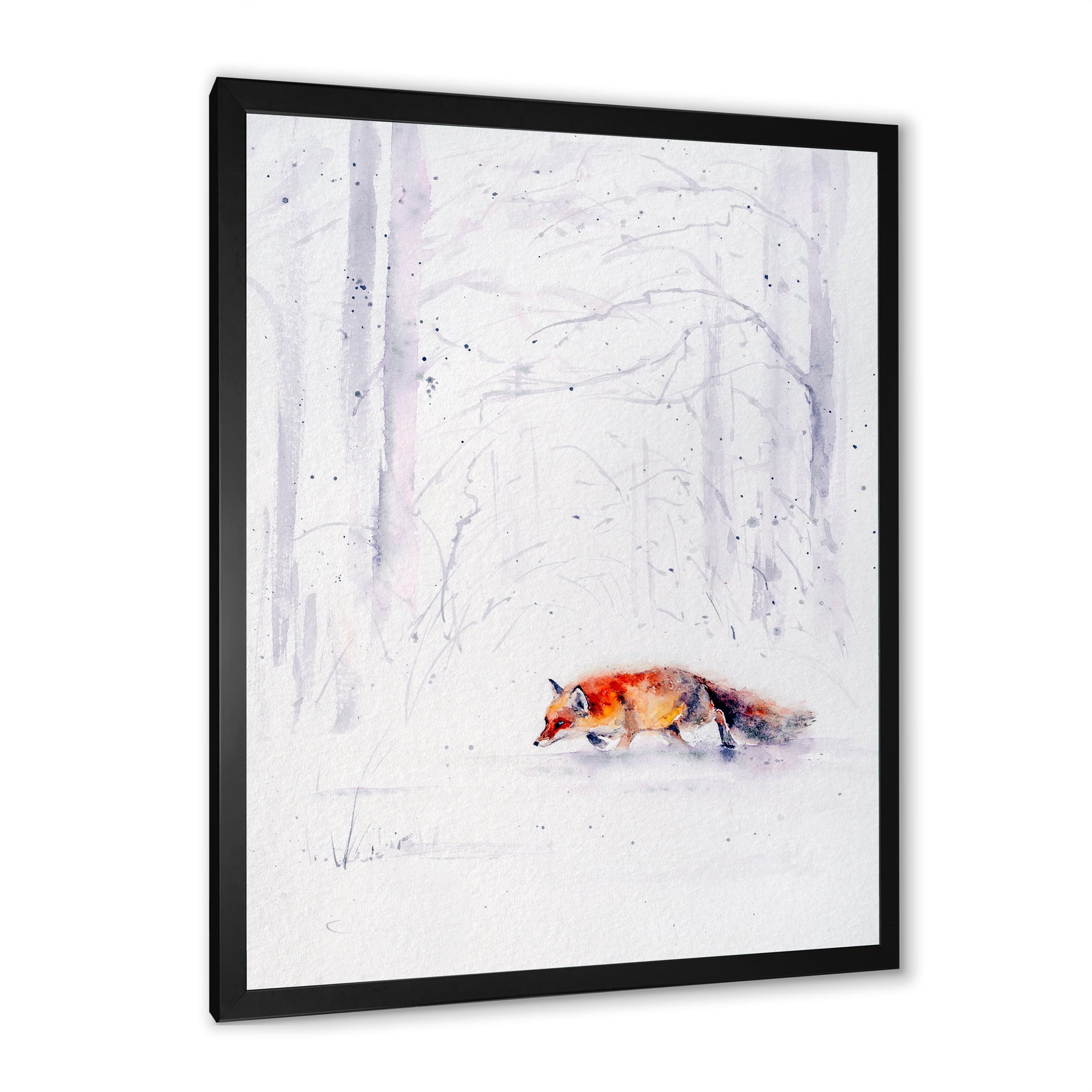Designart 'Red Fox Running In White Snow in Countryside II' Farmhouse Framed Art Print