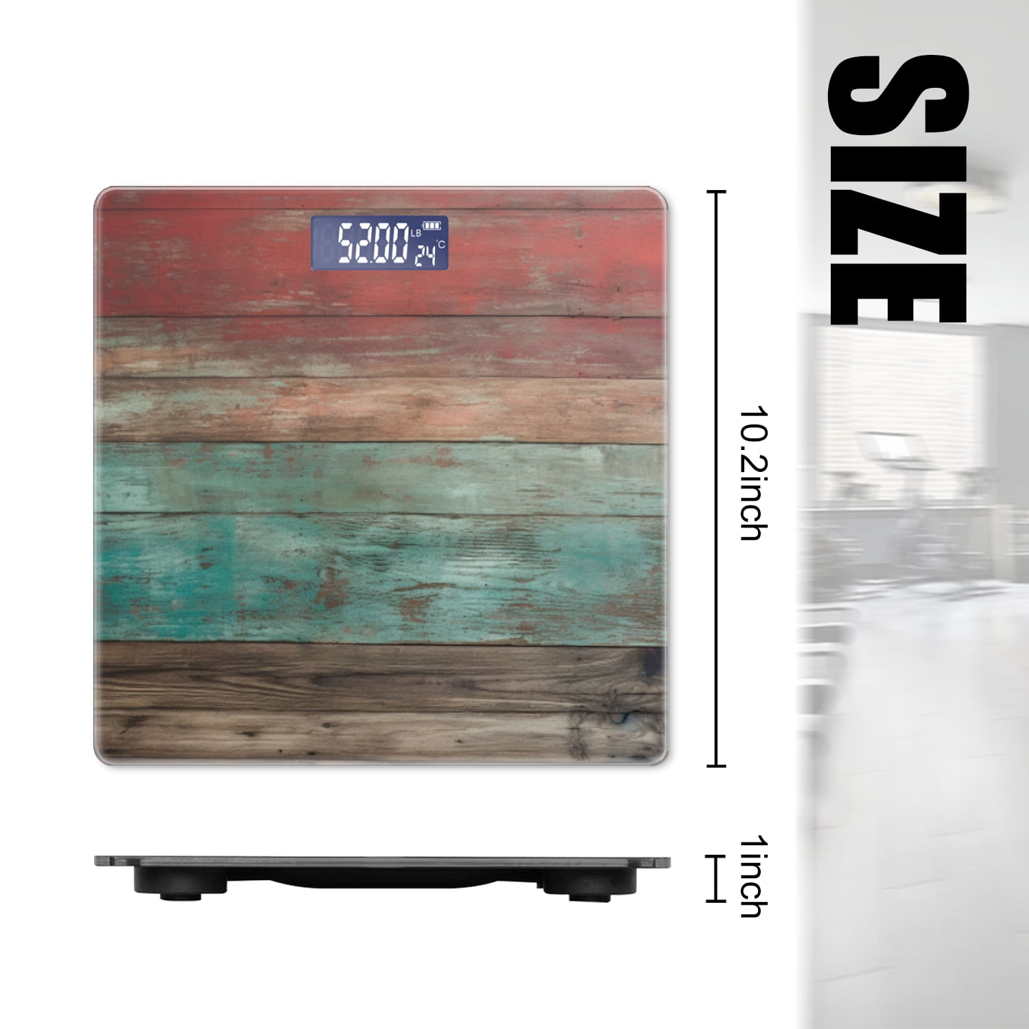Bathroom Scale, Highly Accurate Digital Body Scale,Precisely Measures Weight up to 400 lbs-Rustic Wood Wall With A Gradient Of Red, Teal, And Brown Colors