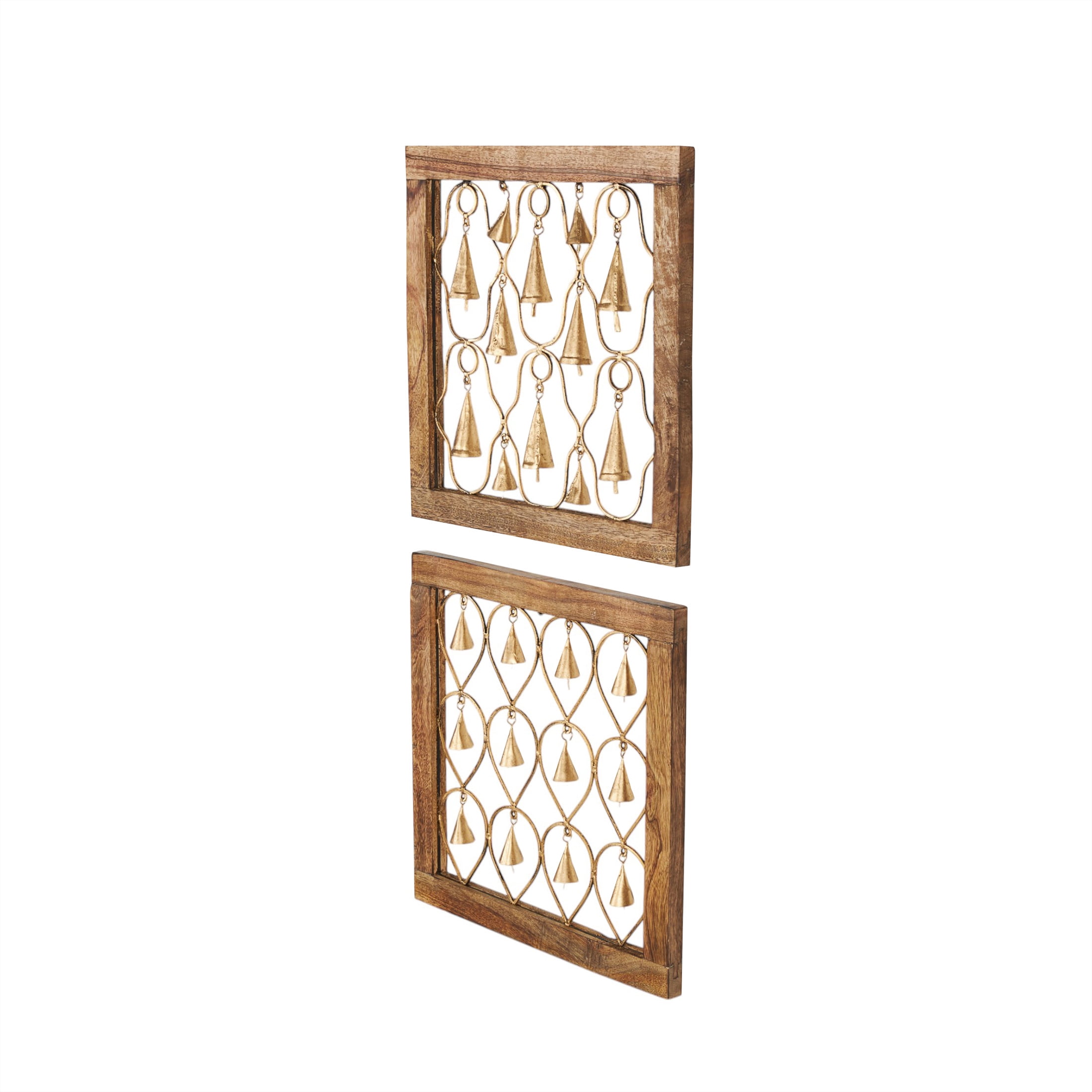 DecMode Wood Farmhouse Hanging Brown Decorative Bells in a  Square Frame with Tanished Brass Finish,  Set of 2 16"W x 16"H