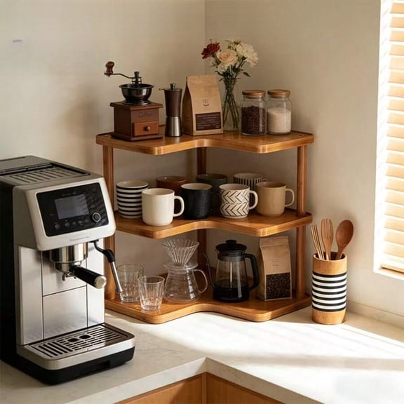 HRWGMUKVBG Triangular Corner Shelf - Multi‑Tier Countertop with Space‑Saving Curved Design for Coffee Station, Kitchen & Organization, Modern Minimalist Display Unit for Small Spaces, Corner Shelves