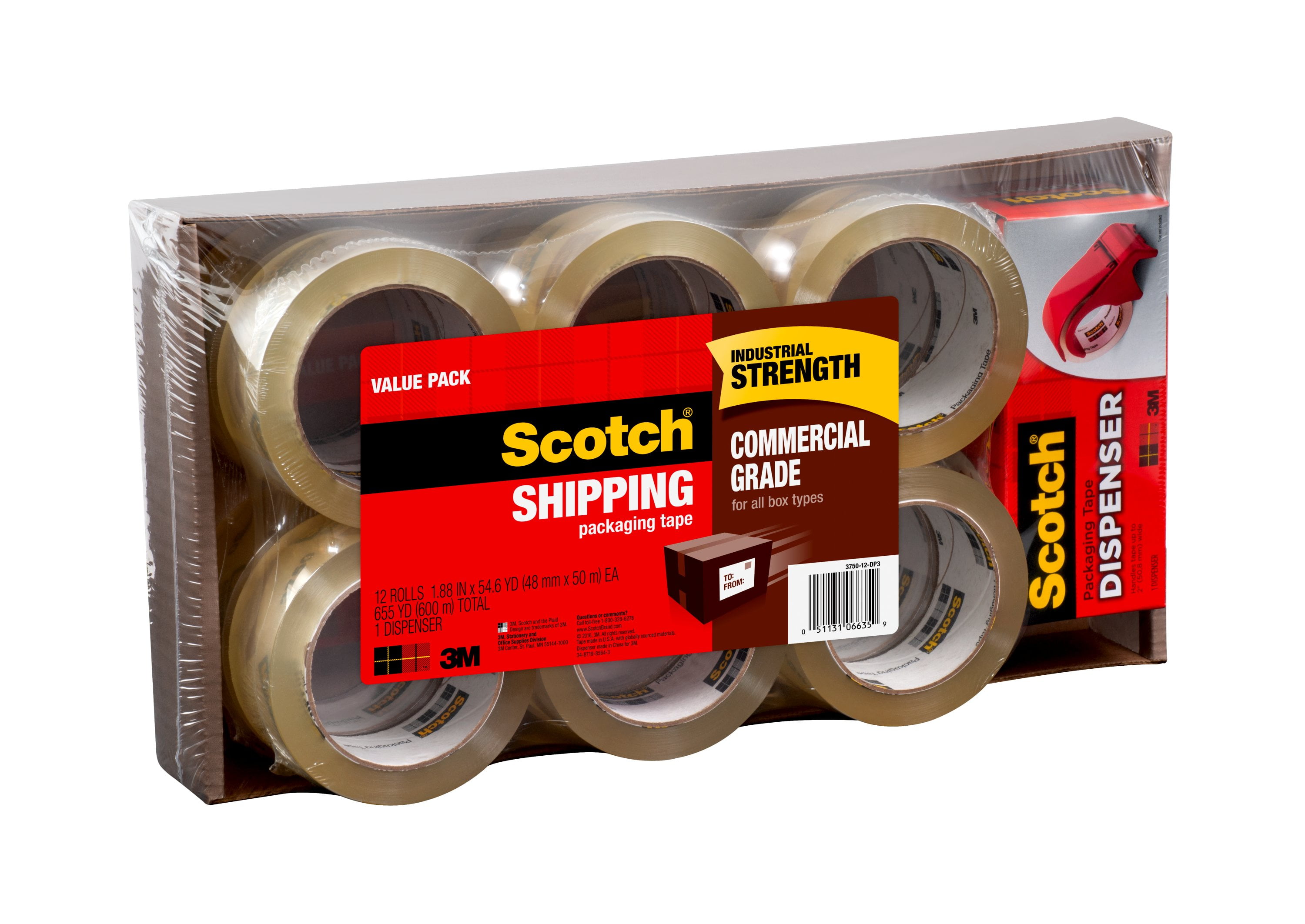 3750-12-DP3 12 Rolls with Refillable Dispenser 1.88 in x 54.6 yd Scotch Commercial Grade Shipping Packaging Tape