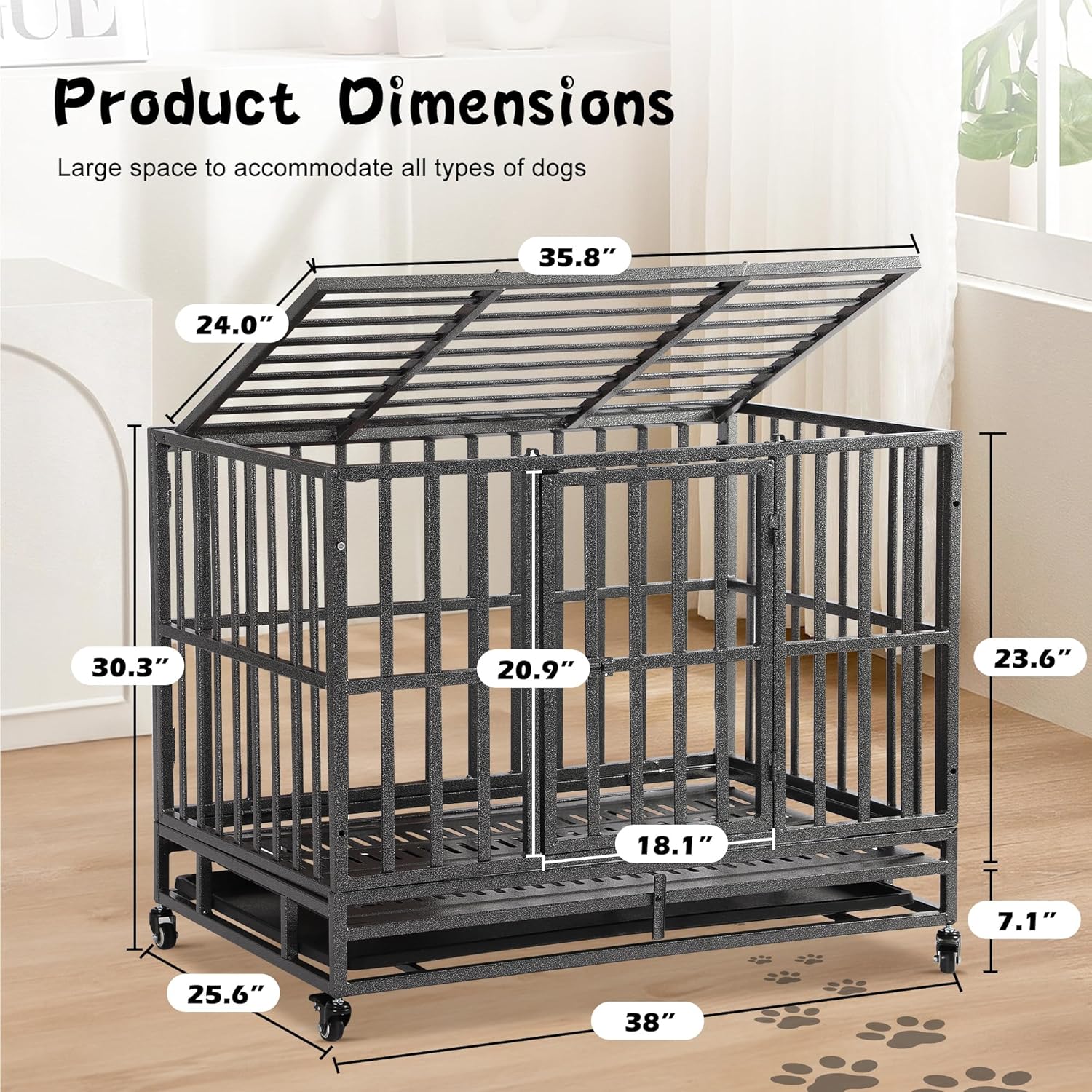 Magic Union 38 inch Large Heavy Duty Dog Crate with Lockable Wheels and Removable Tray for Large Dog,Escape Proof Folding Dog Cage Kennel with Sturdy Lock for Indoor and Outdoor,Black