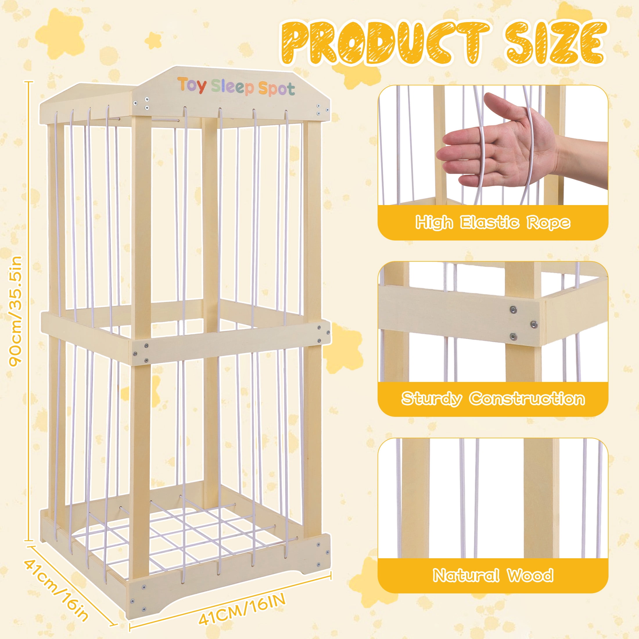 WETRBWEH Wooden Stuffed Animal Storage with Removable Hanging Storage Net, Large Toy Organizers and Storage, Stuffed Animal Holder for Toddler Rooms