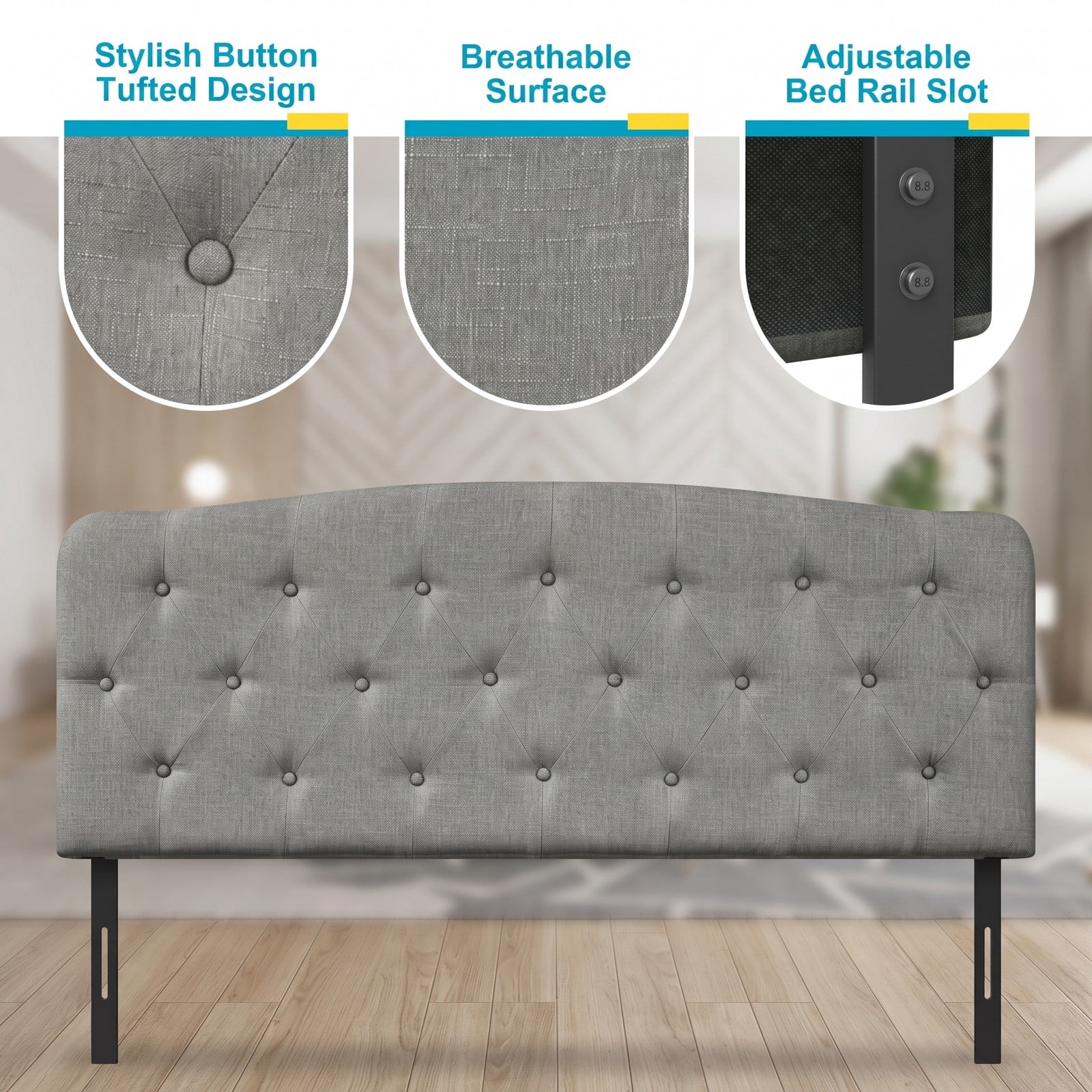 Furnibear Faux Linen Upholstered Full Size Headboard with Diamond Button Tufting and 2 Adjustable Heights for Bedroom and Guest Room, Light Gray