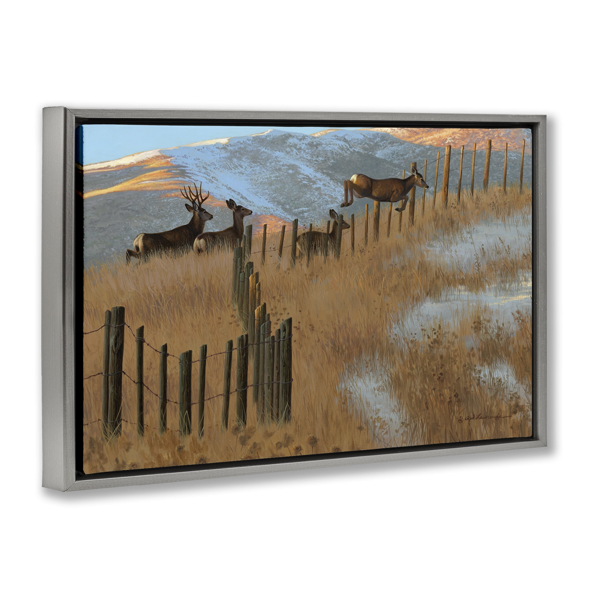 Stupell Industries Deer Jumping Country Fence Landscape & Nature Painting Gray Floater Framed Canvas Art Print Wall Art, 25 x 17