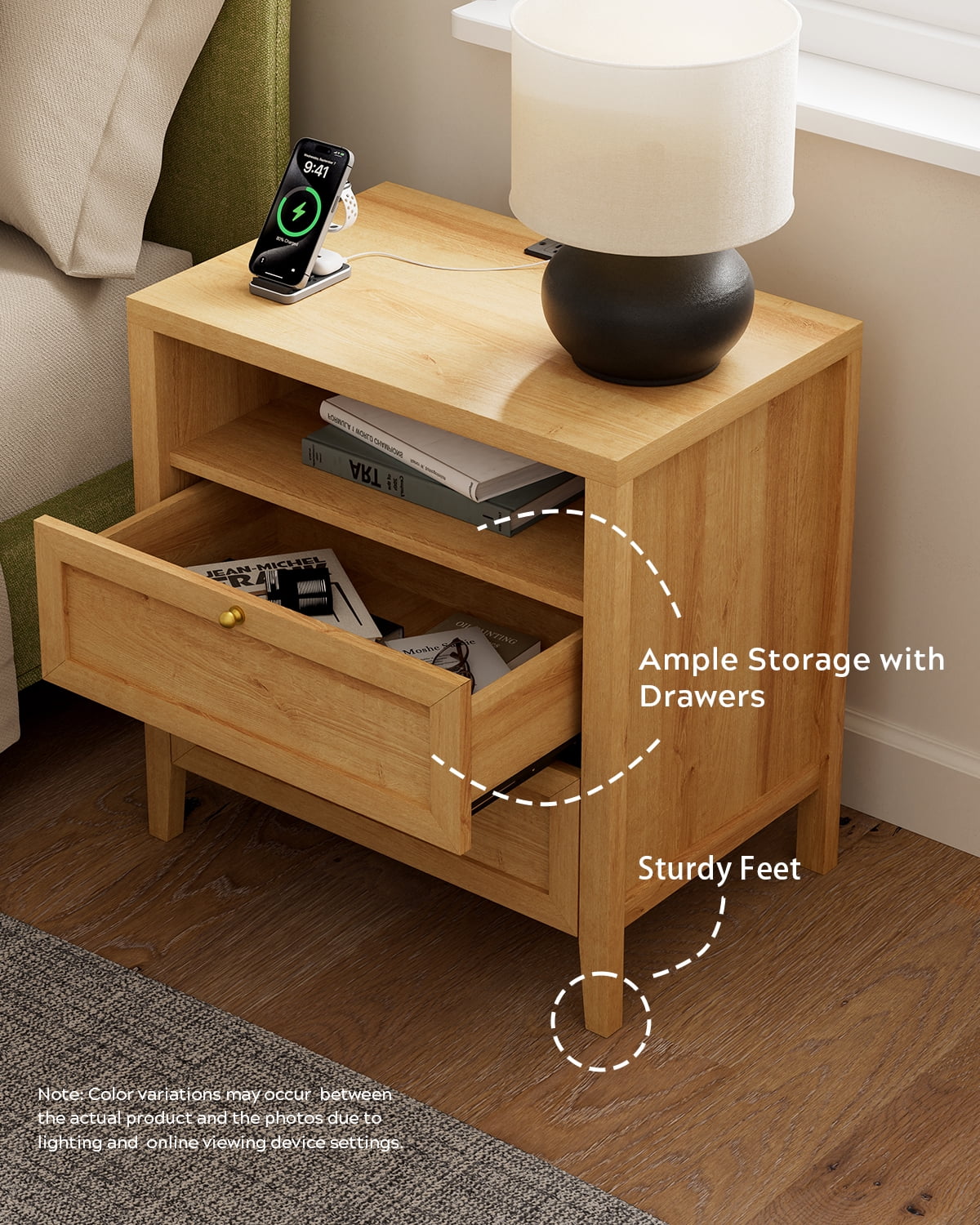 EYYTHUNG Modern Nightstand with 2 Drawers Wooden End Table with Charging Station Farmhouse Night Stand Bedside Side Table with Storage Open Shelf, Natural Oak