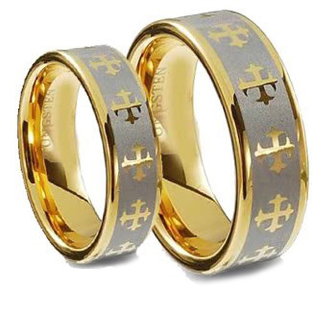 Free Engraving His & Her's 8MM/6MM Tungsten Carbide Gold Plated with Crosses & Contrast Brushed Center Wedding Band Ring Set