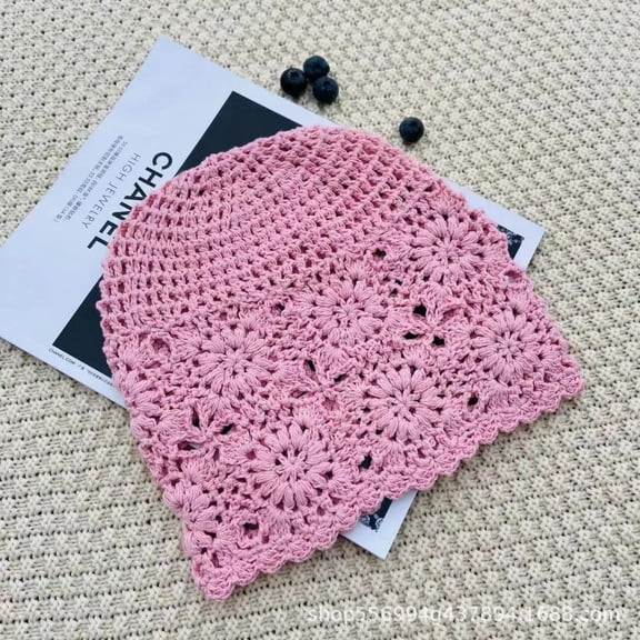 Crochet Slouchy Beanie Hat Fall Handmade Knit Floral Skull Cap Cotton Cutout Summer Hats for Women Lightweight Knitted