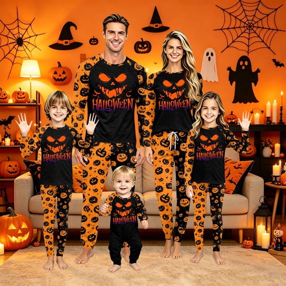 Family Matching Pajamas Halloween Party Pjs Family Jammies Long Sleeve Cute Funny Pumpkin Face Ghost Soft Two Piece Sets Trendy Holiday Family Pajamas Nightwear Baby 12-18 Months
