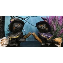 Halloween Black Cats With Witch Hat and Cape On Magical Broomstick Figurines Set