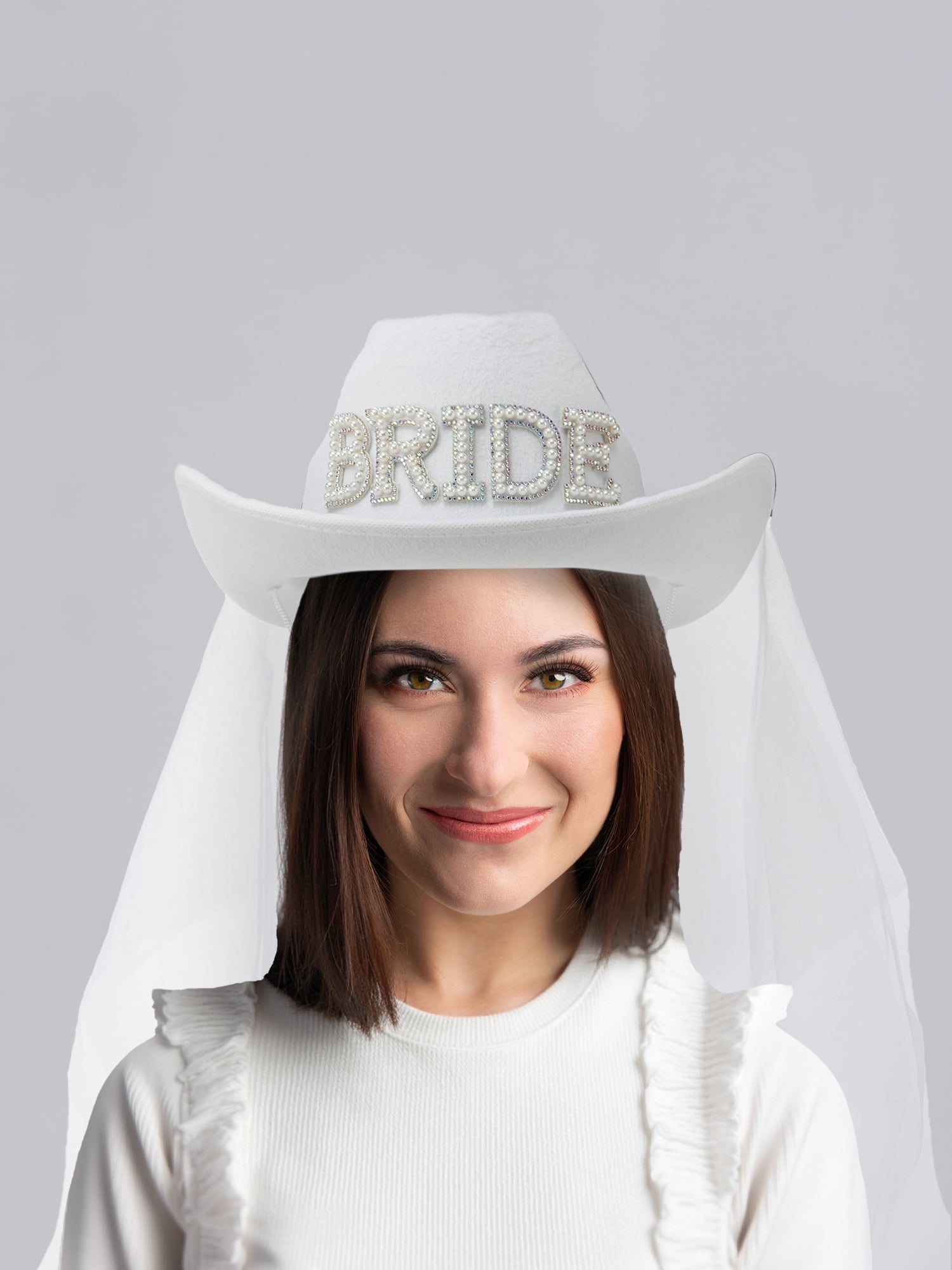 Bride Cowgirl Hat with Veil, Adult, White, 1 piece by Trimmings