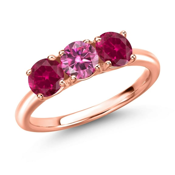 Gem Stone King 18K Rose Gold Plated Silver Pink Moissanite and Red Created Ruby Engagement Ring for Women | 1.70 Cttw | Round 5MM | Gemstone Birthstone | Size 7