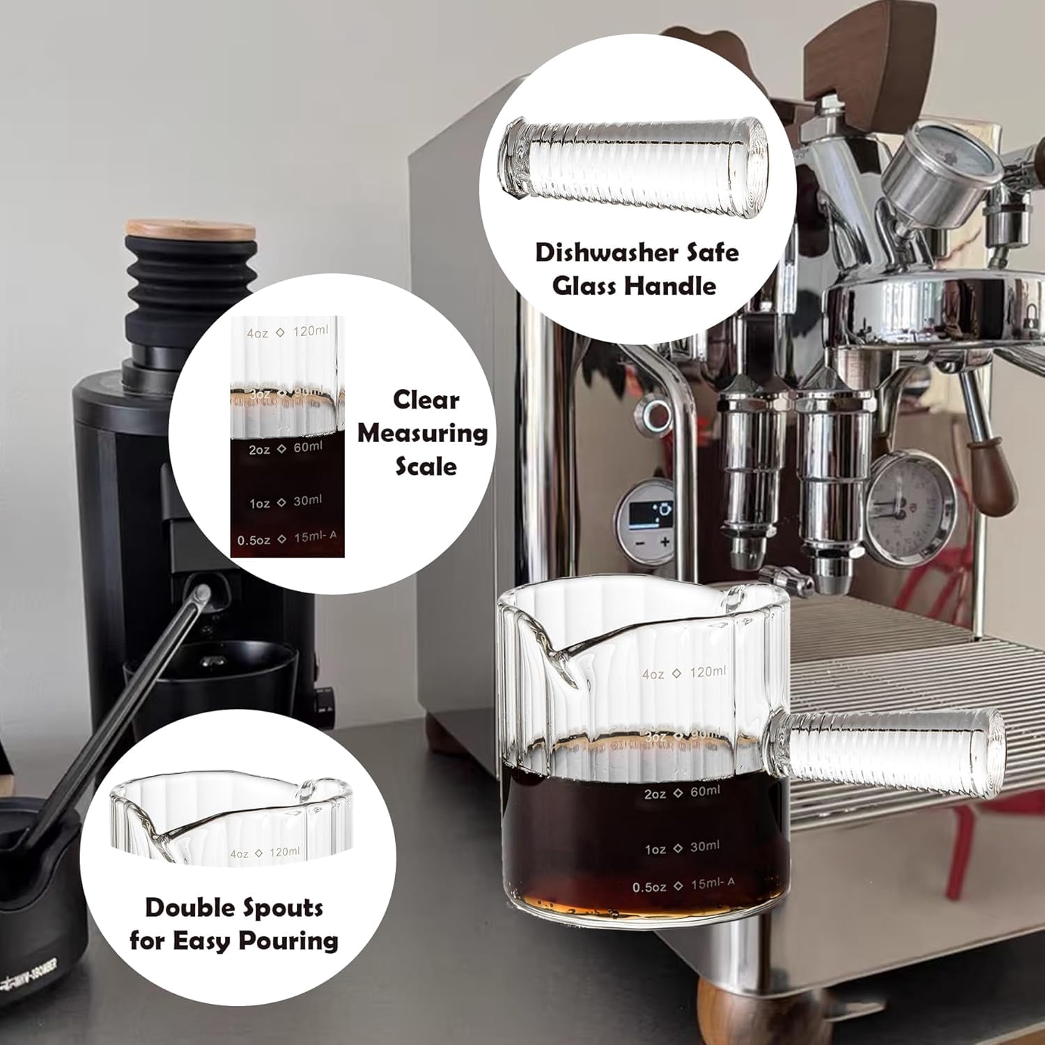 Espresso Cups Set of 2, 4 OZ Glass Double Spouts Cups, Shot Glasses, Milk Cup with Glass Handle for Dishwasher Safe, Espresso Accessories for Machine, Demitasse Cups, Small