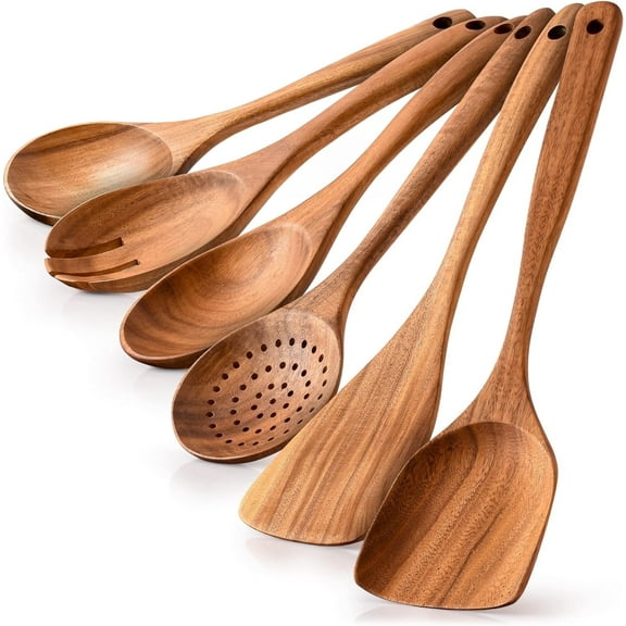 Wooden Spoons for Cooking, AOKIWO 6 PCS Teak Wood Cooking Utensil Set, Kitchen Wooden Finish Utensils Spoons and Spatula Set, Lightweight Nonstick Cookware