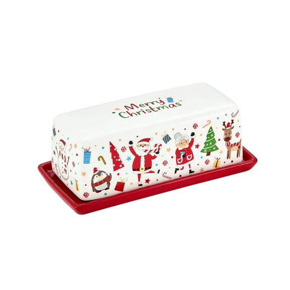 Bico Christmas Merry Crew Ceramic Butter Dish with Lid, Butter Keeper for Counter, Kitchen, Dishwasher Safe