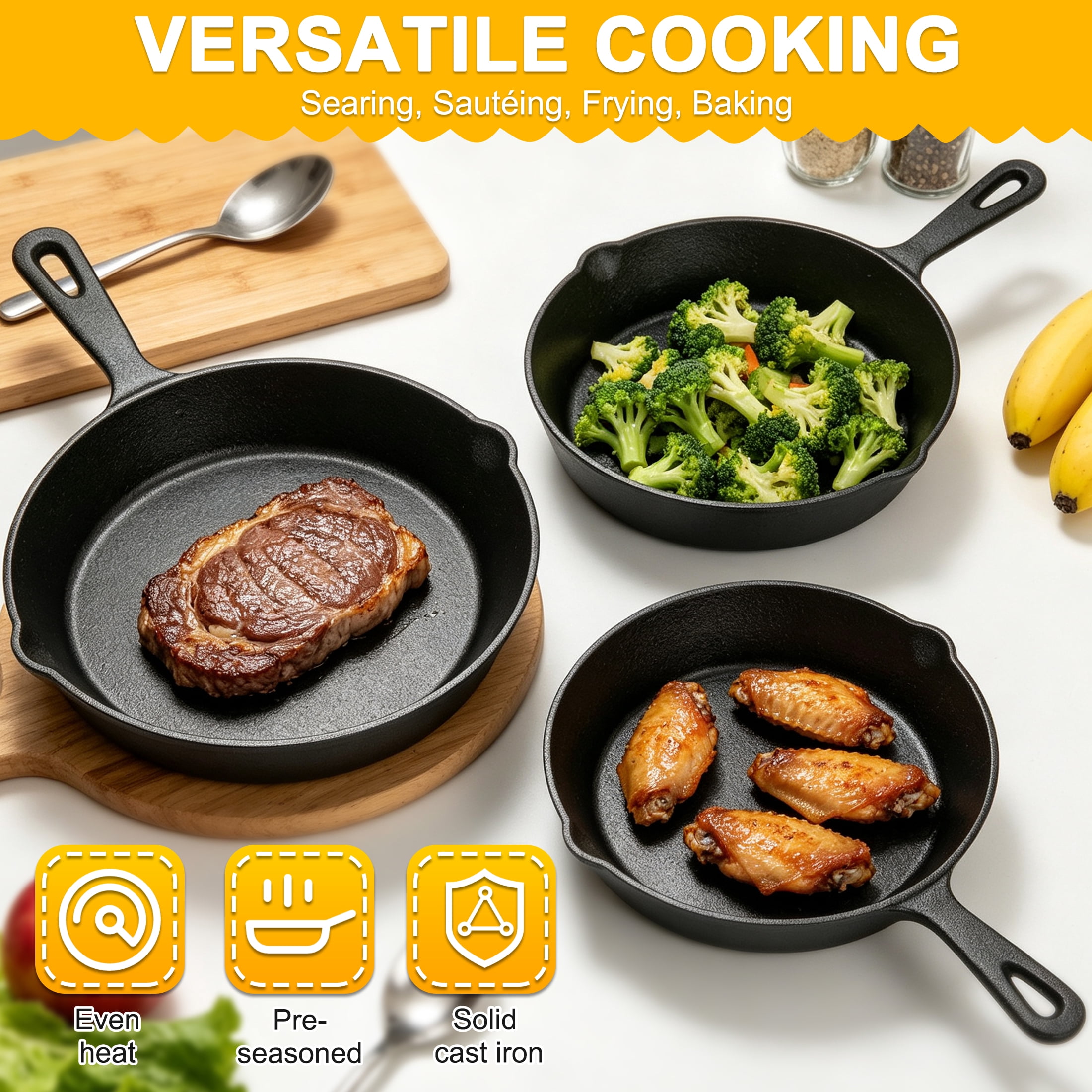 Cast iron Skillets 3 Piece Set, Heavy-Duty Professional Restaurant Chef Quality Pre-Seasoned Pan Cookware Set, 6", 8", 10" Pans For Frying, Saute, Cooking, Use Indoor/Outdoor, Oven, Grill