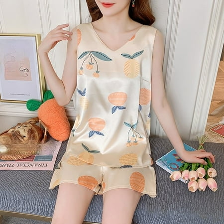 

DanceeMangoo New Pajamas for Women Summer Sexy Print Short Sleeve Silk V-neck 3XL Sleepwear Set Lonxu Silk Pajamas Set Vest Girl Pyjamas Set