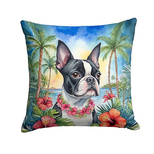 Boston Terrier Luau Throw Pillow 14 in x 14 in