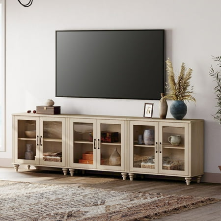 Light Beige Farmhouse TV Stand for 85 inch TV with 6 Glass Doors