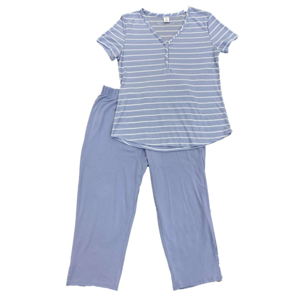 Liz Claiborne Liz Claiborne Womens White amp Light Blue Short Sleeve amp Crop Pant Pajama Set 